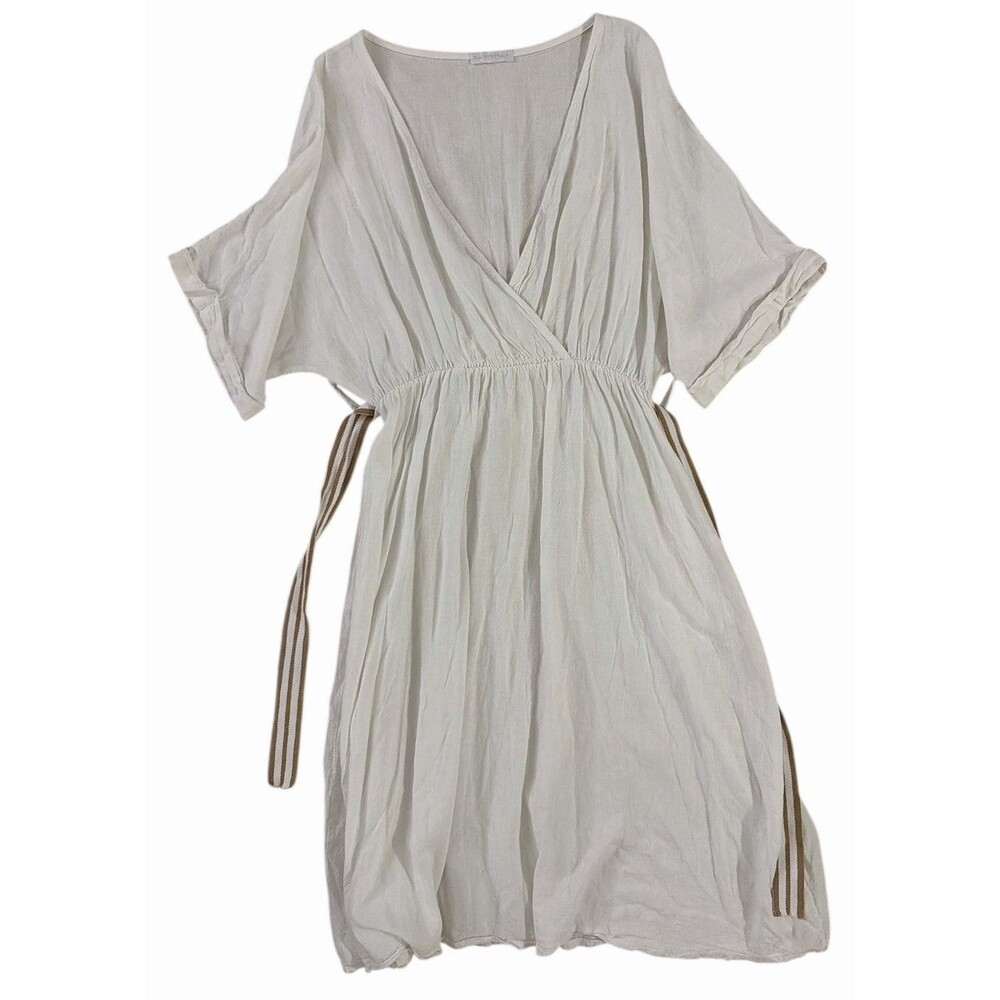 Made In Italy Linen Dress One Size White Wrap Style Short Sleeve Belted - Picture 3 of 8